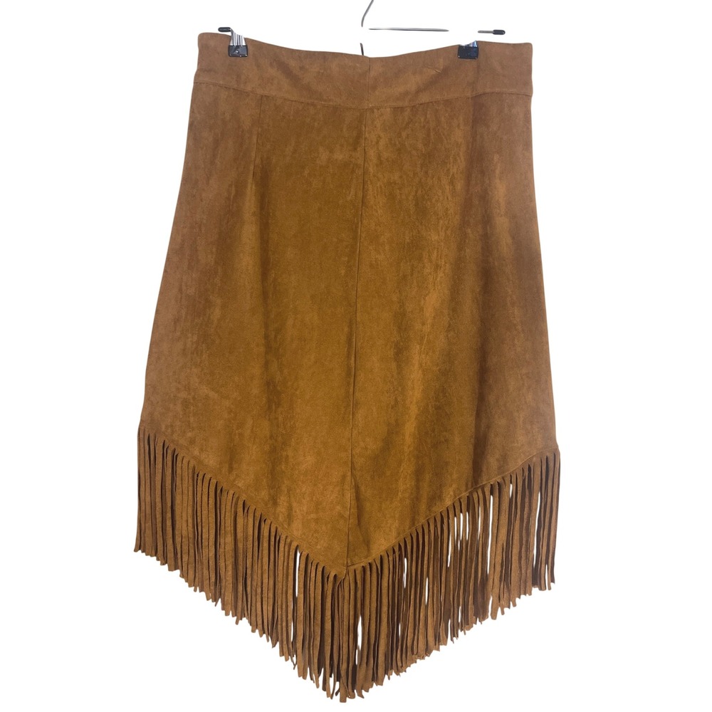 Faux Suede Skirt Women L Brown Fringe Western Boho Handkerchief Hem